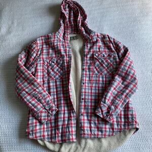 Boston Traders Jacket Hooded Sherpa Lined Pink Plaid Flannel Women's Size XXL
